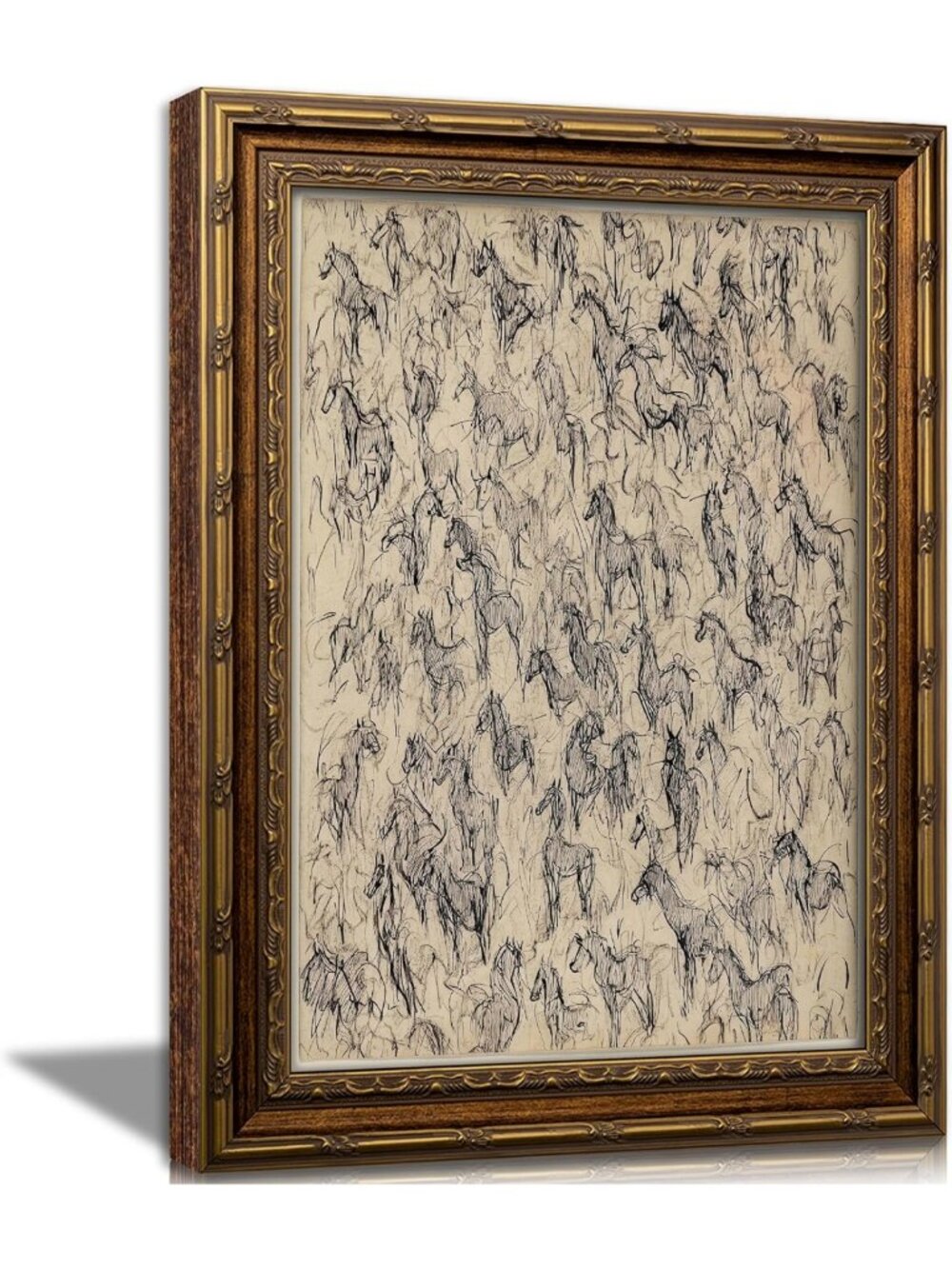 Vintage Gold Framed Horse Sketch Wall Art, Rustic Equestrian Canvas Print Decor